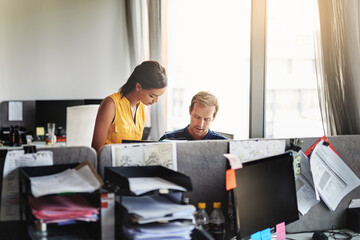 Business, planning or people with feedback in office for organising strategy, help or...