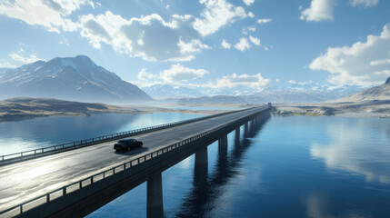 Obraz premium A car travels across a bridge, its shadow stretching over the tranquil blue water below.
