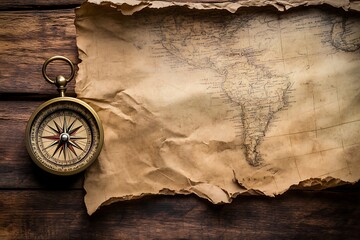 Antique Map and Compass on Wooden Table