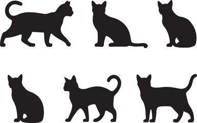 Set of Black Cat Silhouettes in Various Poses – Vector Illustration