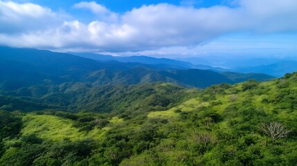 Panoramic Mountain Range Overlooking Rolling Clouds under Blue Sky : Generative AI