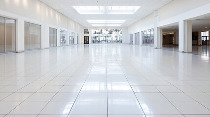 Spacious Modern Shopping Mall Corridor with Sunlit High Ceilings and Polished Tiled Floors : Generative AI