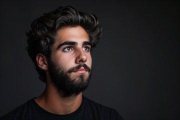 Fototapeta premium A young model with a beard and dark hair posing in front of the camera