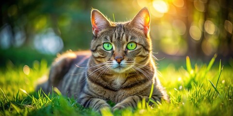 Obraz premium A Domestic Cat with Striking Green Eyes Lying in Lush Grass During a Summer Sunset
