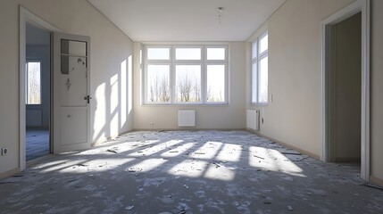 Sunlit Empty Abandoned Room with Large Windows and Peeling Paint : Generative AI