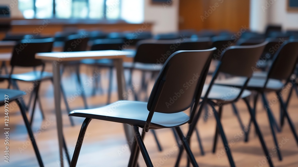 Poster Empty Classroom Setting with Rows of Black Chairs and Natural Lighting : Generative AI