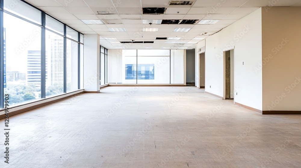 Aufkleber Bright Open Space in Modern Office Building with Large Windows and City View : Generative AI