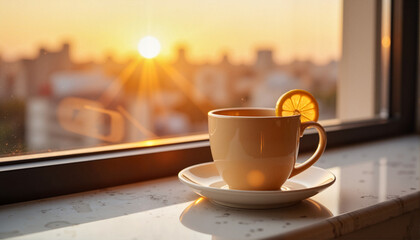 Fototapeta premium Cozy warm tea with lemon on marble windowsill at sunset, relaxation