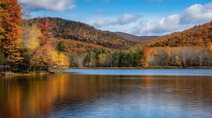 Fototapeta premium Vibrant Autumn Mountains and Tranquil Lake Under Clear Blue Skies : Generative AI