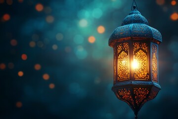A Glowing Ramadan Lantern Hangs Against A Softly Blurred Teal Background, Creating A Peaceful And Spiritual Mood.