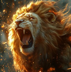 Roaring Lion Portrait With Intense Gaze And Dramatic Golden Light Surrounded By Fire Embers