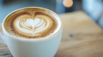 HeartShaped Latte Art in White Cup on Wooden Table Close Up : Generative AI