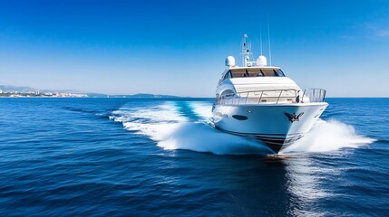 Fototapeta premium Luxury Yacht Cruising in Open Ocean on a Sunny Day with Blue Skies : Generative AI