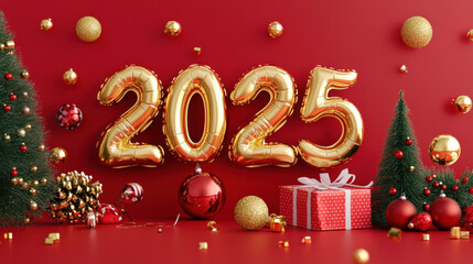 A red background showcases 2025, written with golden balloons