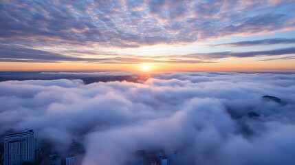 Fototapeta premium Sunset View from City Rooftop Above Dense Cloud Cover with Vibrant Horizon : Generative AI