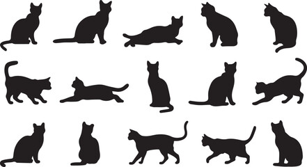 Set of Black Cat Silhouettes in Various Poses – Vector Illustration