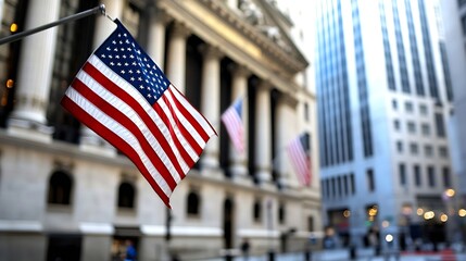 American flag waves proudly outside historic financial building in city center : Generative AI