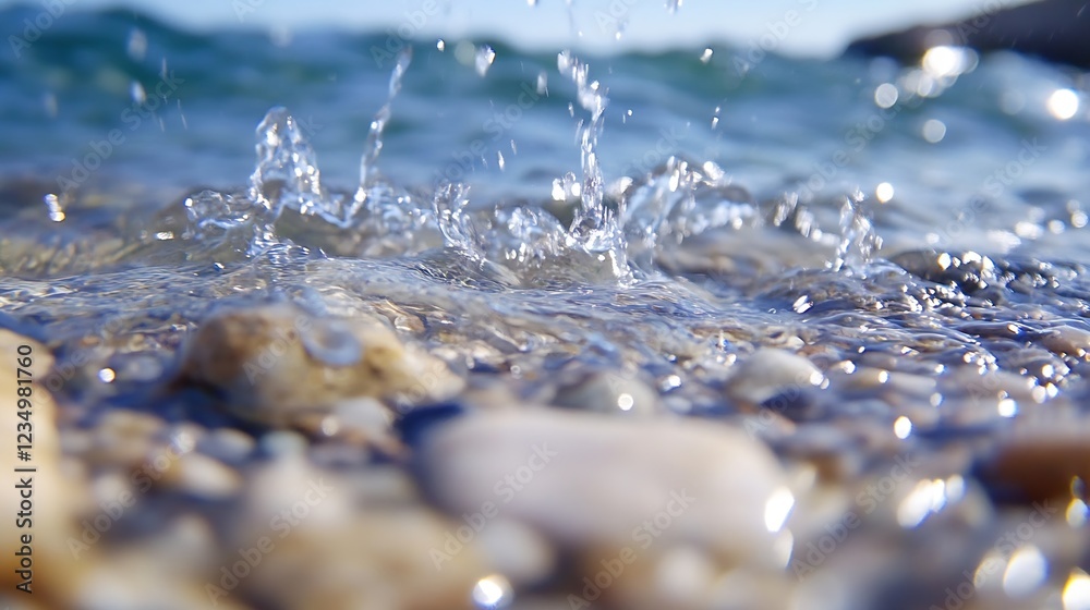 Aufkleber closeup of ocean waves and pebbles on a rocky beach capturing splashing water droplets in sunlight :