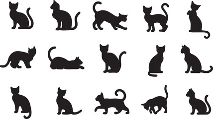 Set of Black Cat Silhouettes in Various Poses – Vector Illustration