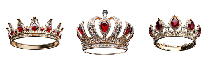three elegant crowns with sparkling jewels, representing royalty and opulence. The crowns feature intricate designs and rich red gemstones.