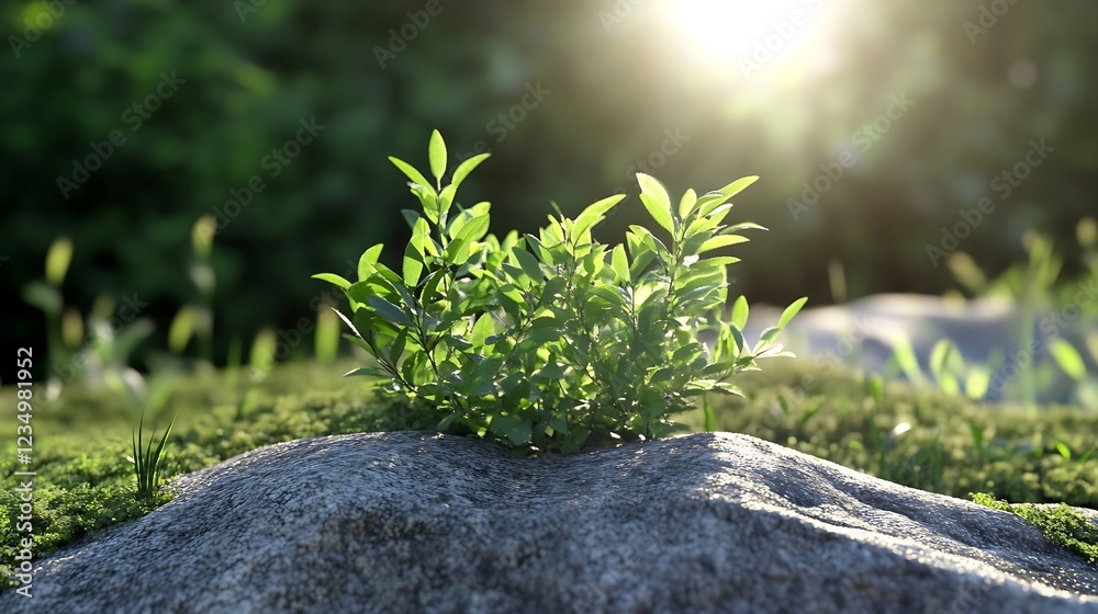Poster sunlit seedling growing from rock in lush green forest environment : generative ai