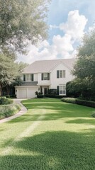 A beautiful, recently-built house with a spacious green lawn and a clear blue sky, surrounded by lush trees.