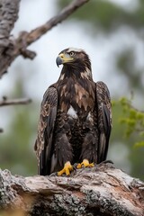 Naklejka premium Large Golden Eagle with Striking Features Observing from a Tree Branch in Nature : Generative AI