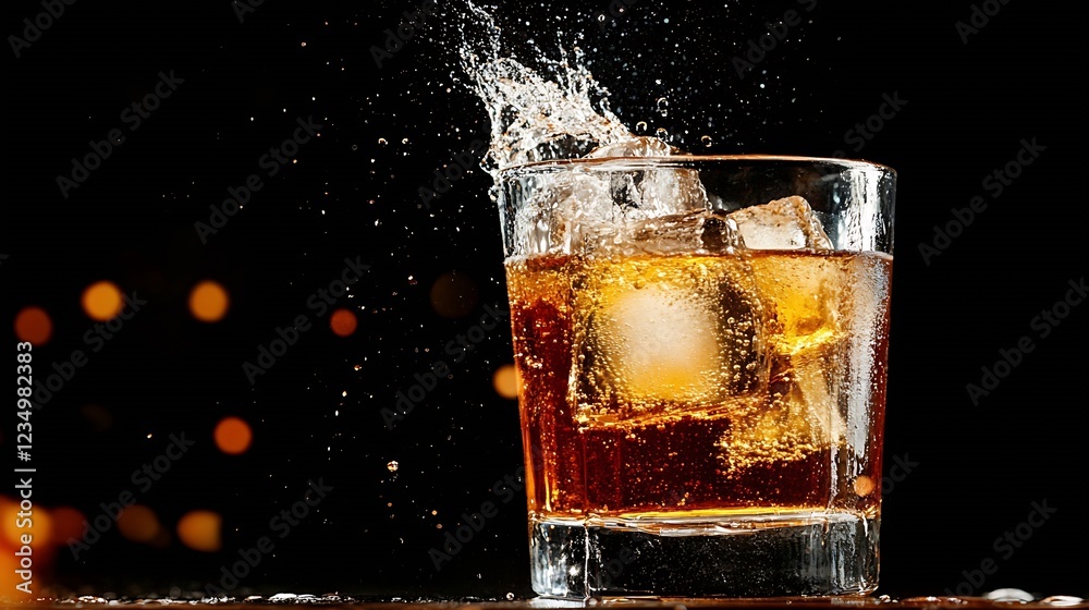 Poster Splashing whiskey in glass against dark bokeh background captures movement and excitement : Generative AI