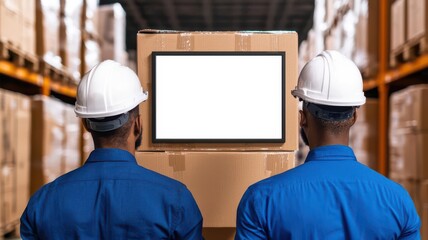Warehouse team coordinating cargo movements around a central digital display, highlighting teamwork and tech-driven logistics