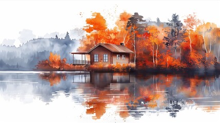 A serene lakeside cabin surrounded by vibrant autumn foliage and tranquil reflections.