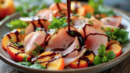 Thinly sliced ham drizzled with balsamic glaze over a fresh green salad. The glossy dressing enhances the rich flavors of the dish. Concept of fine dining and gourmet presentation