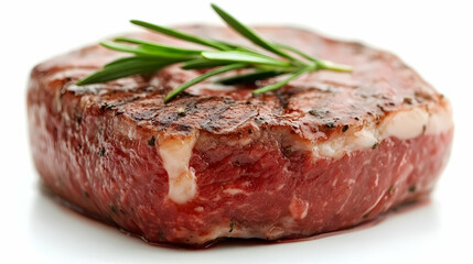 Grilled steak with rosemary, close-up shot, white background, food photography