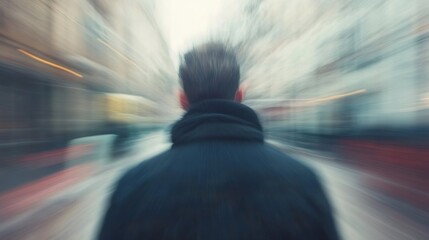 Obraz premium Motion blur effect of a mysterious man walking alone in a busy city street : Generative AI