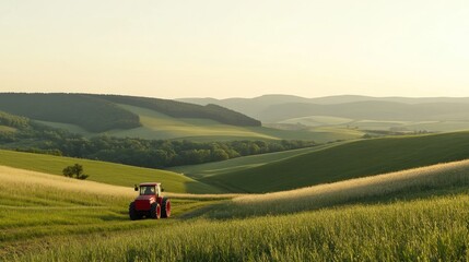 Naklejka premium Red Tractor on Rolling Green Hills Landscape