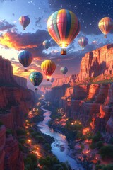 Hot Air Balloons Soar Over Canyon River at Sunset