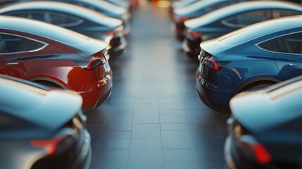 Car parked at outdoor parking lot. Used car for sale and rental service. Car insurance background. Automobile parking area. Car dealership and dealer agent concept. Automotive industry. Electric auto