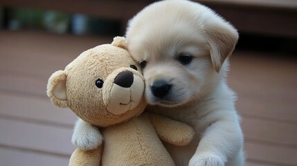 Golden retriever puppy cuddling teddy bear outdoors, deck background, pet adoption