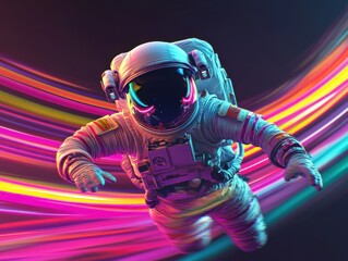 A vibrant illustration of an astronaut floating in space with swirling neon lights creating a dynamic background, showcasing vivid colors and a futuristic vibe.