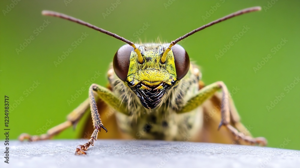 Poster closeup of a green grasshopper with detailed facial features : generative ai