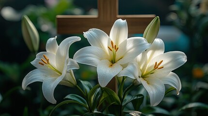 Obraz premium Easter lilies arranged around a cross, vibrant and hopeful scene of resurrection and renewal 