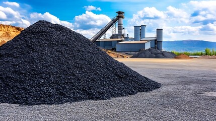 Industrial gravel manufacturing plant with towering equipment and piles under a blue sky : Generative AI