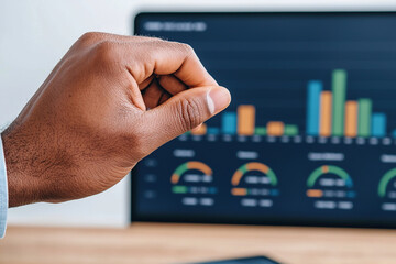 hand gesturing in front of computer screen displaying vibrant analytics dashboards with colorful graphs and charts, tracking customer retention and performance metrics