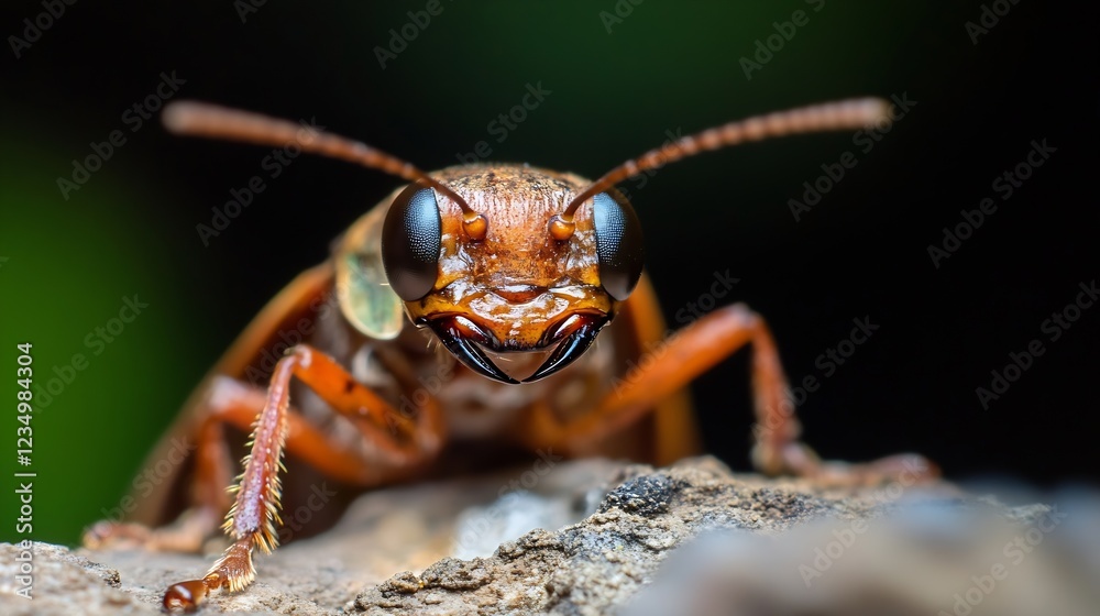 Poster bright redlegged insect on rocky surface with large eyes and antennae close up : generative ai