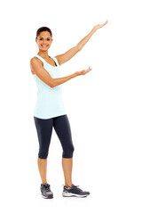 Fitness, woman and portrait with show for promotion in studio with product placement, exercise deal or mockup. Person hands, advertisement and workout offer or training membership on white background