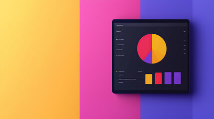 digital tablet displaying colorful pie chart and bar graph on vibrant, multicolored background, showcasing responsive and functional artistic dashboards