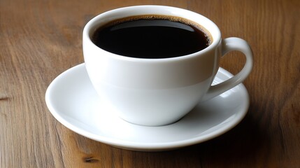 Obraz premium Elegant White Porcelain Cup Filled with Hot Black Coffee on Wooden Table : Generative AI