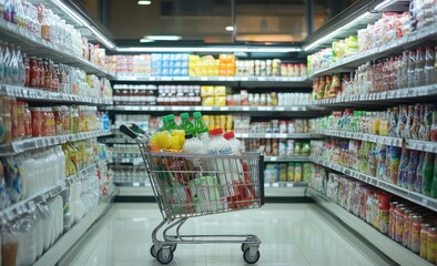 Grocery Shopping Cart in Supermarket Aisle