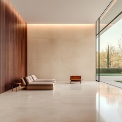 Contemporary Sunlit Room with Yard View and Concrete Floors - Perfect for Copy Space