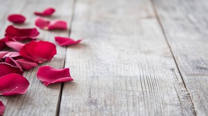 Red rose petals scattered on rustic wooden surface with romantic soft light : Generative AI