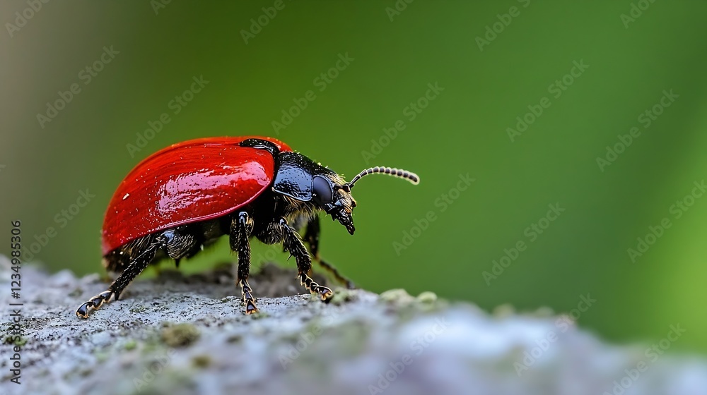 Poster bright red ladybug crawling on textured stone in a lush garden environment : generative ai